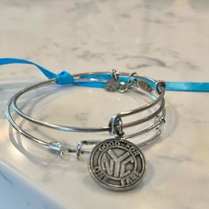 ALEX AND ANI Rafaelian silver bangle duo with vintage NYC subway token charm